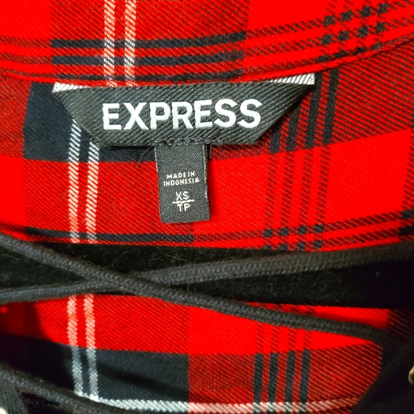 EXPRESS Buffalo Plaid Lace Tie up Long Sleeve Top XSMALL V Neck Red Black - Picture 5 of 10